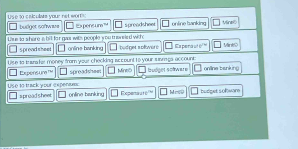 Use to calculate your net worth:
budget software Expensure™ spreadsheet online banking Mint©
Use to share a bill for gas with people you traveled with:
spreadsheet online banking budget software Expensure™ Mint©
Use to transfer money from your checking account to your savings account:
Expens ure ™M spreadsheet Mint© budget software online banking
Use to track your expenses:
spreadsheet online banking Expensure™ Mint© budget software