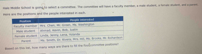 Hale Middle School is going to select a committee. The committee will have a faculty member, a male student, a female student, and a parent. 
Hthe people interested in each. 
Based on this list, how many ways are there to fill the four committee positions?