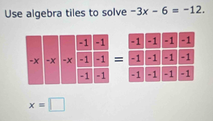 Use algebra tiles to solve -3x-6=-12. 

=

x=□