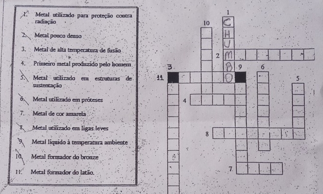 Metal utilizado para proteção contra 
radiação 
Metal pouco denso 
3. Metal de alta temperatura de fusão 
4. Primeiro metal produzido pelo homem 
Metal' utilizado em estruturas'' de 
sustentação 
6 Metal utilizado em próteses 
Metal de cor amarela 
Metal utilizado em ligas leves 
Metal liquido à temperatura ambiente
10 Metal formador do bronze 
N. Metal formador do lação.