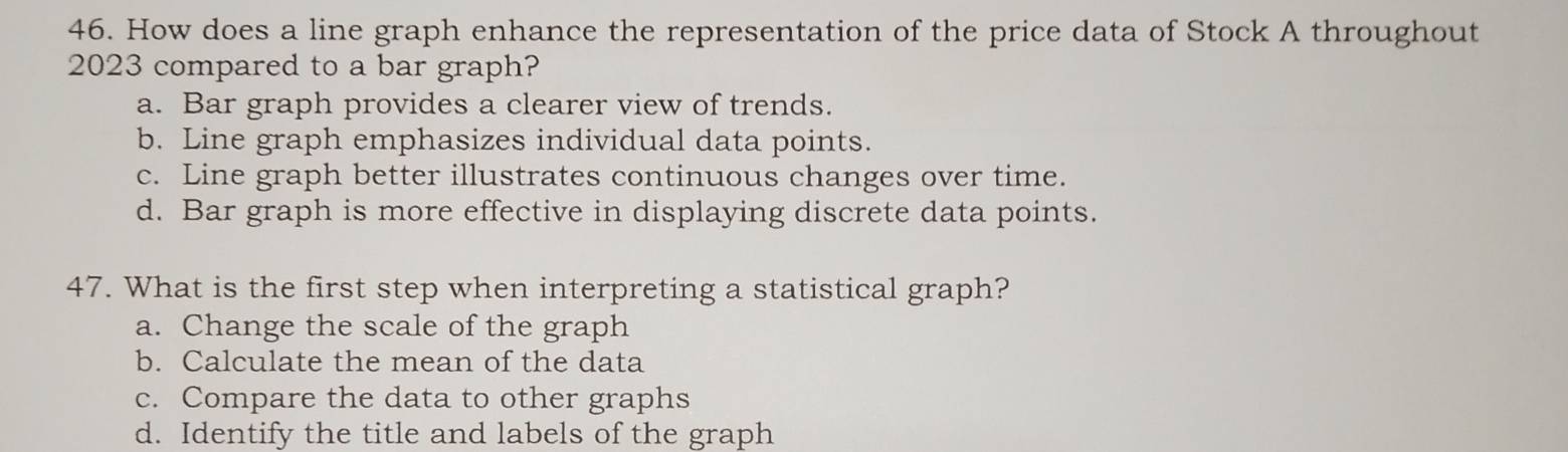 How does a line graph enhance the representation of the price data of Stock A throughout
2023 compared to a bar graph?
a. Bar graph provides a clearer view of trends.
b. Line graph emphasizes individual data points.
c. Line graph better illustrates continuous changes over time.
d. Bar graph is more effective in displaying discrete data points.
47. What is the first step when interpreting a statistical graph?
a. Change the scale of the graph
b. Calculate the mean of the data
c. Compare the data to other graphs
d. Identify the title and labels of the graph