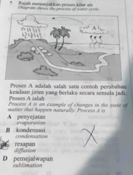 Rajah menunjukkan proses kitar air.
Diagram shows the process of water cycle
Proses A adalah salah satu contoh perubahan
keadaan jirim yang berlaku secara semula jadi.
Proses A ialah
Process A is an example of changes in the state of
matter that happen naturally. Process A is
A penyejatan
evaporation
B kondensasi
condensation
resapan
diffusion
D pemejalwapan
sublimation