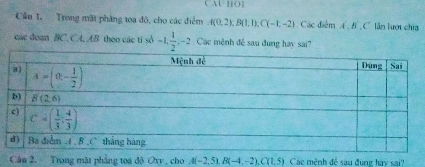 CAU HO1
Cầâu 1. Trong mặt phẳng toa độ, cho các điểm A(0,2);B(1,1);C(-1,-2) Các điểm A,B, C lần lượt chia°□ 
các đoạn BC. CA. AB theo các ti số -1, 1/2 , -2 Các mệnh đề sau đung hay sai?
Câầu 2. Trong mắt phẳng toa độ Oxy , cho A(-2,5),B(-4,-2),C(1,5) Các mệnh để sau đùng hay sai?