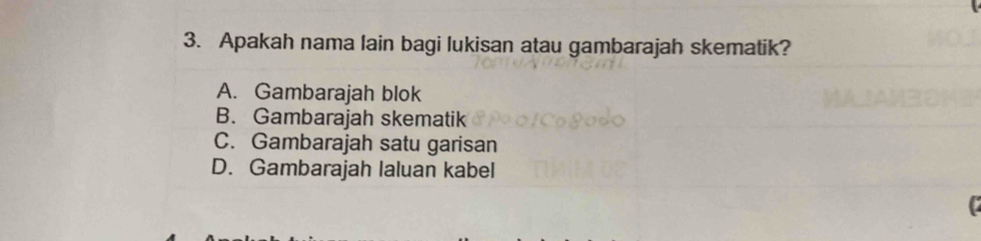 Apakah nama lain bagi lukisan atau gambarajah skematik?
A. Gambarajah blok
B. Gambarajah skematik
C. Gambarajah satu garisan
D. Gambarajah laluan kabel