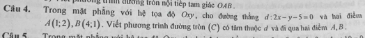 ng trìn tường tròn nội tiếp tam giác OAB. 
Câu 4. Trong mặt phẳng với hệ tọa độ Oxy, cho đường thẳng d:2x-y-5=0 và hai điểm
A(1;2), B(4;1). Viết phương trình đường tròn (C) có tâm thuộc ơ và đi qua hai điễm A, B. 
Câu 5 Trong mặt n