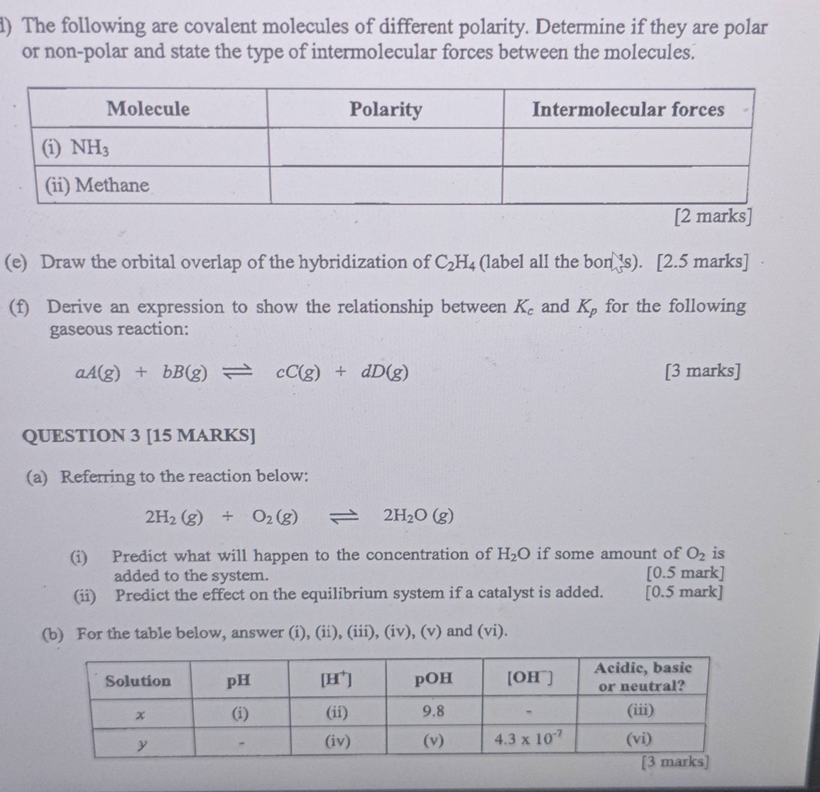 The following are covalent molecules of different polarity. Determine if they are polar
or non-polar and state the type of intermolecular forces between the molecules.
(e) Draw the orbital overlap of the hybridization of C_2H_4 (label all the bon(s). [2.5 marks]
(f) Derive an expression to show the relationship between K_c and K_p for the following
gaseous reaction:
aA(g)+bB(g)leftharpoons cC(g)+dD(g) [3 marks]
QUESTION 3 [15 MARKS]
(a) Referring to the reaction below:
2H_2(g)+O_2(g)leftharpoons 2H_2O(g)
(i) Predict what will happen to the concentration of H_2O if some amount of O_2 is
added to the system. [0.5 mark]
(ii) Predict the effect on the equilibrium system if a catalyst is added. [0.5 mark]
(b) For the table below, answer (i), (ii), (iii), (iv), (v) and (vi).