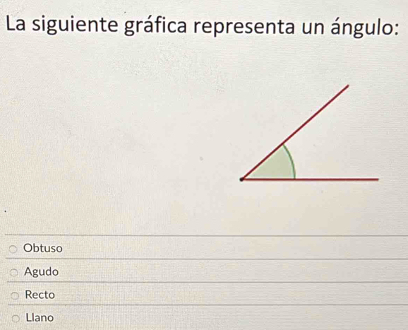 La siguiente gráfica representa un ángulo:
Obtuso
Agudo
Recto
Llano