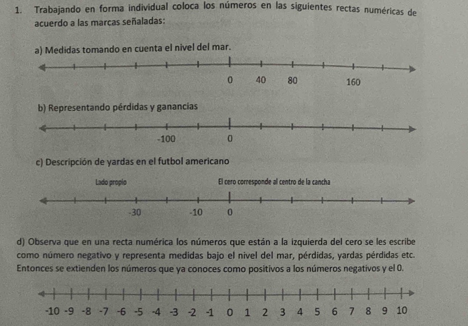 Trabajando en forma individual coloca los números en las siguientes rectas numéricas de 
acuerdo a las marcas señaladas: 
a) Medidas tomando en cuenta el nivel del mar. 
b) Representando pérdidas y ganancias 
c) Descripción de yardas en el futbol americano 
d) Observa que en una recta numérica los números que están a la izquierda del cero se les escribe 
como número negativo y representa medidas bajo el nivel del mar, pérdidas, yardas pérdidas etc. 
Entonces se extienden los números que ya conoces como positivos a los números negativos y el 0.