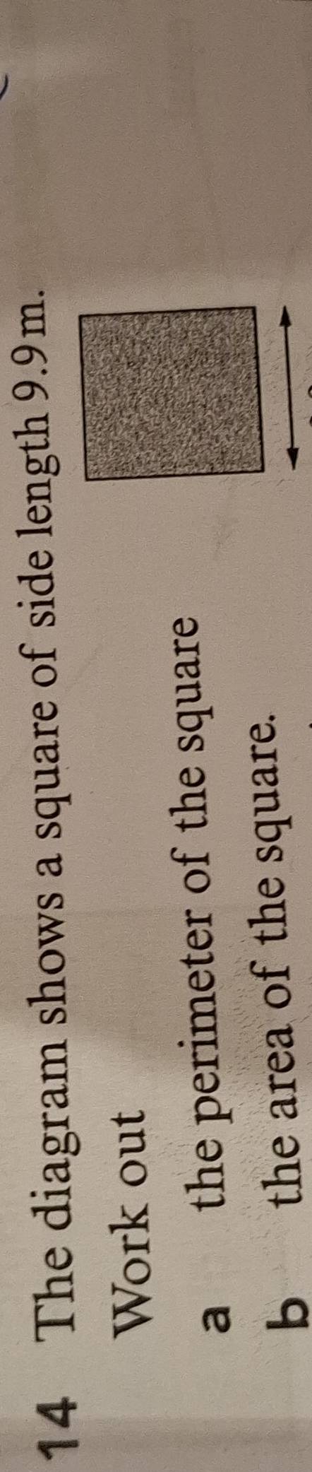 The diagram shows a square of side length 9.9m. 
Work out 
a the perimeter of the square 
b the area of the square.