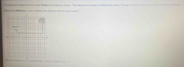 The wi les tew show the reute Maddy's bus takes to school. The dashed line shows a shortcul she takes through the park when dhe soed ton tio to school 
Whou i the differense, is km, beeeen the sharicut and the usual route?
a(-4,2)