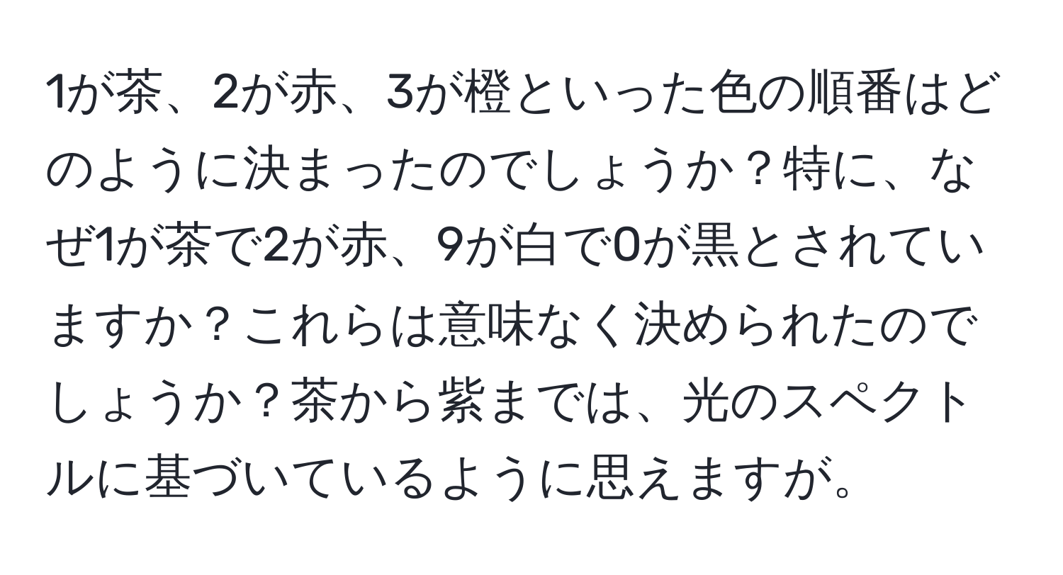 1が茶、2が赤、3が橙といった色の順番はどのように決まったのでしょうか？特に、なぜ1が茶で2が赤、9が白で0が黒とされていますか？これらは意味なく決められたのでしょうか？茶から紫までは、光のスペクトルに基づいているように思えますが。