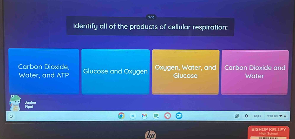 Identify all of the products of cellular respiration:
Carbon Dioxide, Glucose and Oxygen
Oxygen, Water, and Carbon Dioxide and
Water, and ATP Glucose Water
Jaylee
Pipal
o us
BISHOP KELLEY
High School