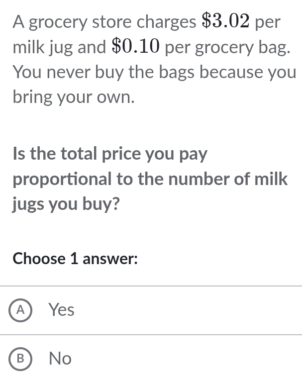 A grocery store charges $3.02 per
milk jug and $0.10 per grocery bag.
You never buy the bags because you
bring your own.
Is the total price you pay
proportional to the number of milk
jugs you buy?
Choose 1 answer:
A Yes
B No