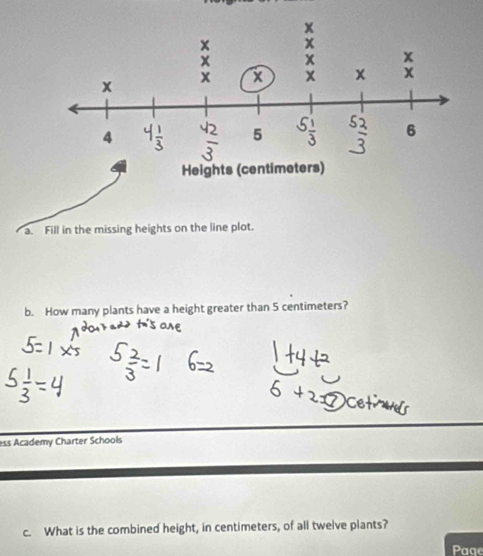 a Fill in the missing heights on the line plot. 
b. How many plants have a height greater than 5 centimeters? 
ess Academy Charter Schools 
c. What is the combined height, in centimeters, of all twelve plants? 
Page