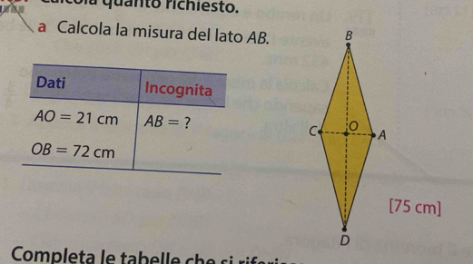 Sia quanto richiesto. 
a Calcola la misura del lato AB. 
Dati Incognita
AO=21cm AB= ?
OB=72cm