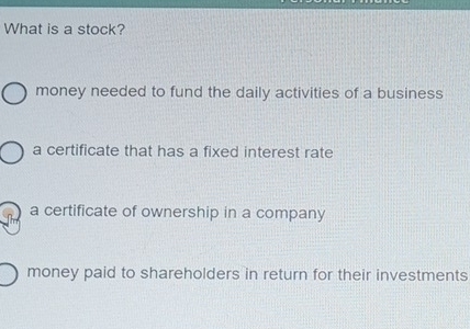 What is a stock?
money needed to fund the daily activities of a business
a certificate that has a fixed interest rate
a certificate of ownership in a company
money paid to shareholders in return for their investments