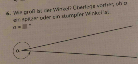 Wie groß ist der Winkel? Überlege vorher, ob α 
ein spitzer oder ein stumpfer Winkel ist.
alpha =□°
α