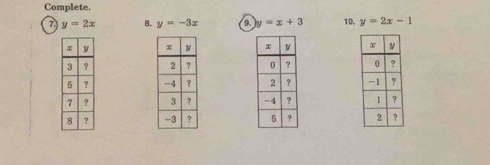 Complete, 
7 y=2x 8. y=-3x 9. y=x+3 10. y=2x-1