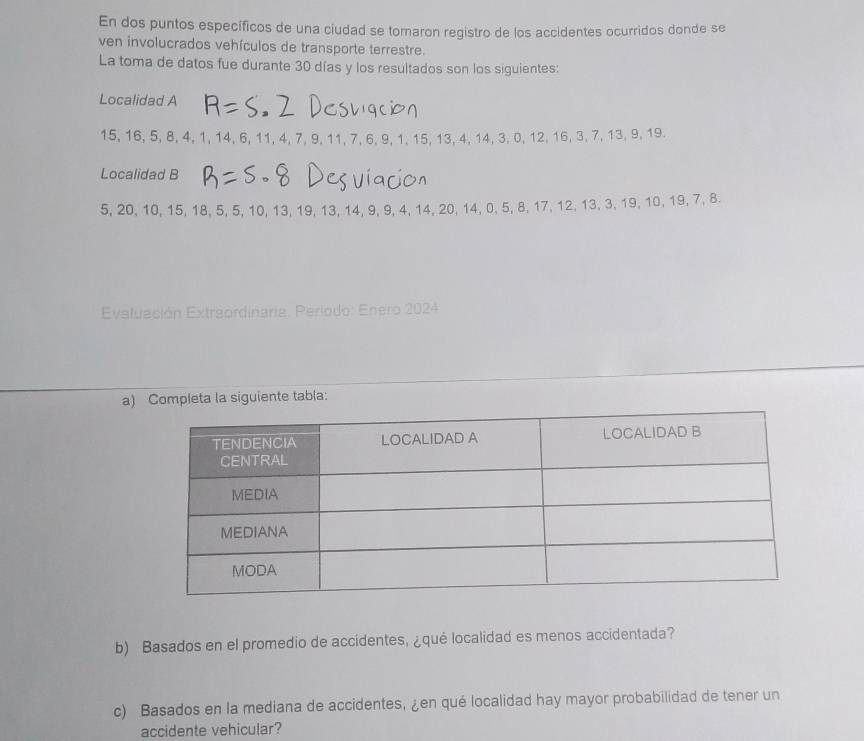 En dos puntos específicos de una ciudad se tomaron registro de los accidentes ocurridos donde se 
ven involucrados vehículos de transporte terrestre. 
La toma de datos fue durante 30 días y los resultados son los siguientes: 
Localidad A
15, 16, 5, 8, 4, 1, 14, 6, 11, 4, 7, 9. 11, 7, 6, 9, 1, 15, 13, 4, 14, 3, 0, 12, 16, 3, 7, 13, 9, 19. 
Localidad B
5, 20, 10, 15, 18, 5, 5, 10, 13, 19, 13, 14, 9, 9 4.14. 20, 14, 0, 5, 8, 17, 12, 13, 3, 19, 10, 19, 7, 8. 
Evaluación Extraordinaria. Periodo: Enero 2024 
a) Completa la siguiente tabla: 
b) Basados en el promedio de accidentes, ¿qué localidad es menos accidentada? 
c) Basados en la mediana de accidentes, ¿en qué localidad hay mayor probabilidad de tener un 
accidente vehicular?