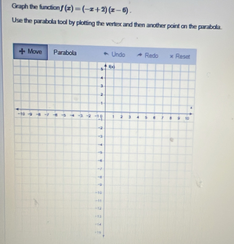 Graph the function f(x)=(-x+2)(x-6).
Use the parabola tool by plotting the vertex and then another point on the parabola.
Move Parabola