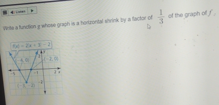 《》 Listen
Write a function g whose graph is a horizontal shrink by a factor of  1/3  of the graph of f: