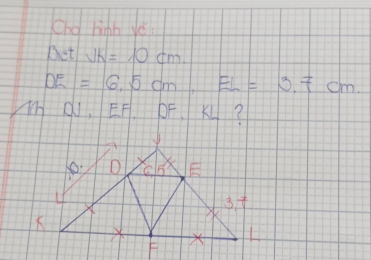 Cho hih yé:
Biet JK=10cm.
DE=6,5cm,EL=3,Fcm.
Mh A, EF、 PF、 K?