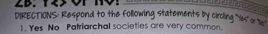 ∠B. 
DIRECTIONS: Respond to the following statements by circling "Yes" or "No." 
1. Yes No Patriarchal societies are very common.