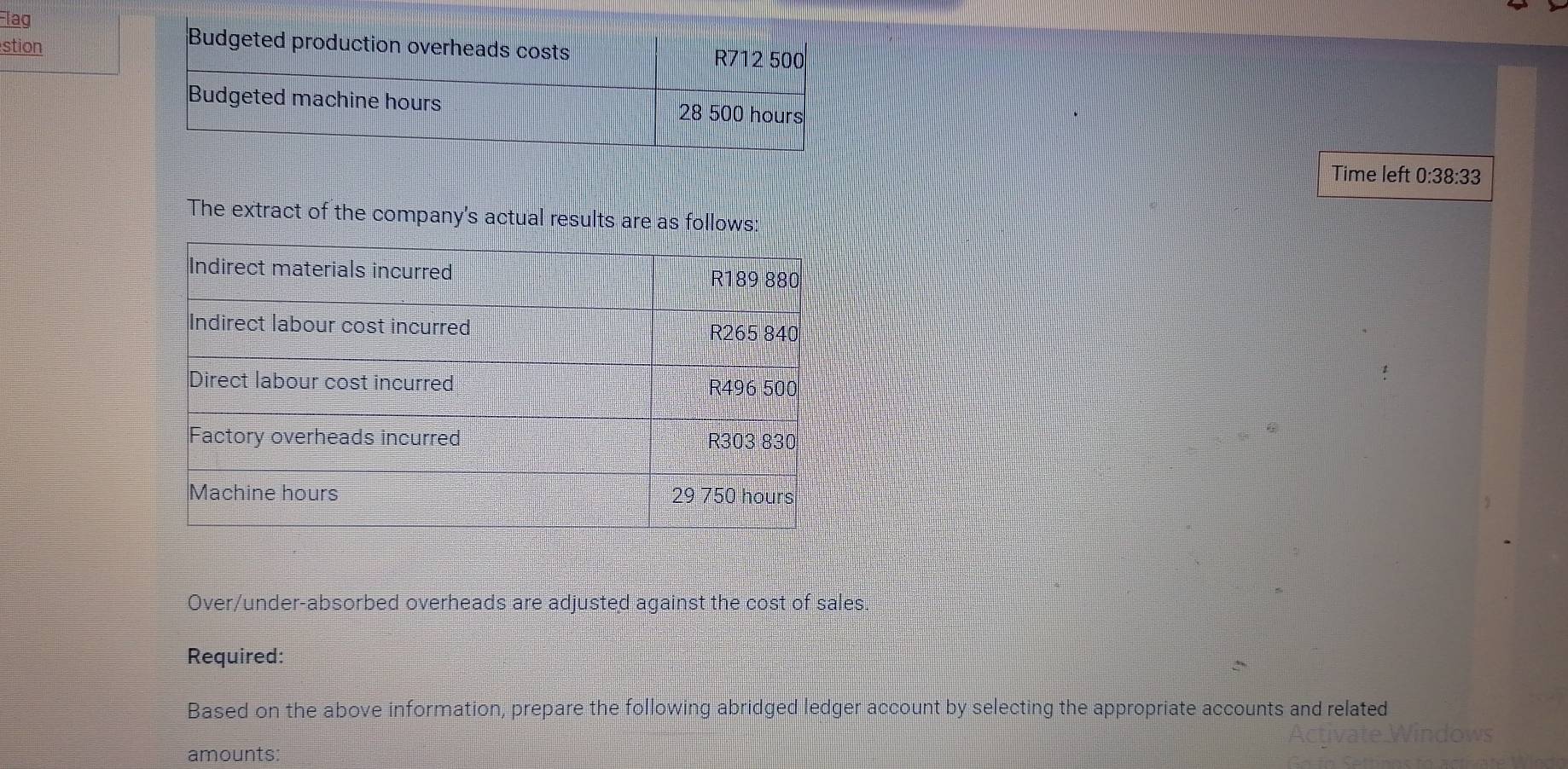 Flag 
stion 
Time left 0:38:33 
The extract of the company's actual results are as follows: 
Over/under-absorbed overheads are adjusted against the cost of sales 
Required: 
Based on the above information, prepare the following abridged ledger account by selecting the appropriate accounts and related 
amounts: