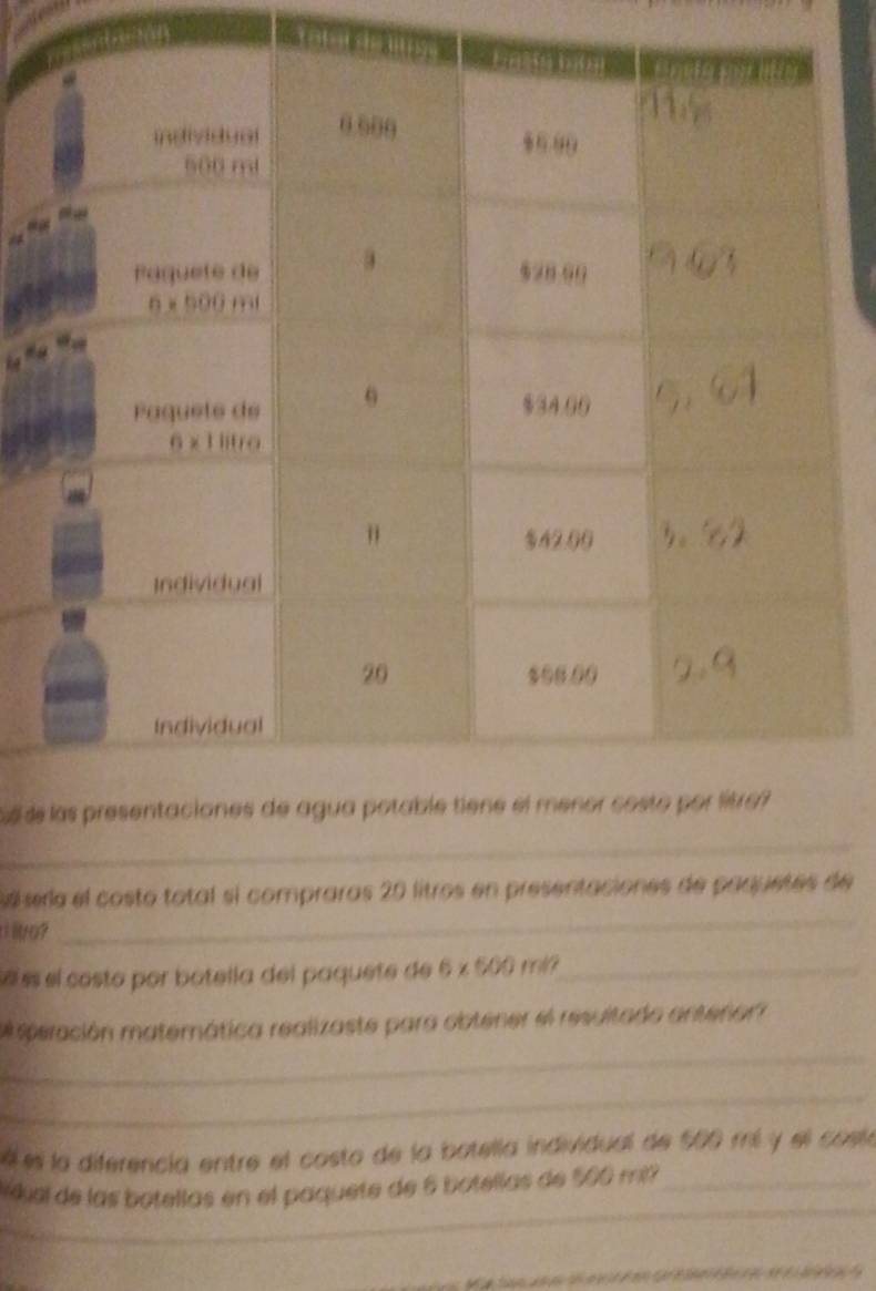 de
_
Sé serla el costo total si compraras 20 litros en presentaciones de paquetes de
` lo ?
_
eíss el costo por botella del paquete de 6* 500m/ _
_
speración matemática realizaste para obtener el resultado anteñor
_
é es la diferencia entre el costo de la botella individual de 500 mí y el coste
_
Mkuel de las botellas en el paquete de 6 botellas de 500 mi?_