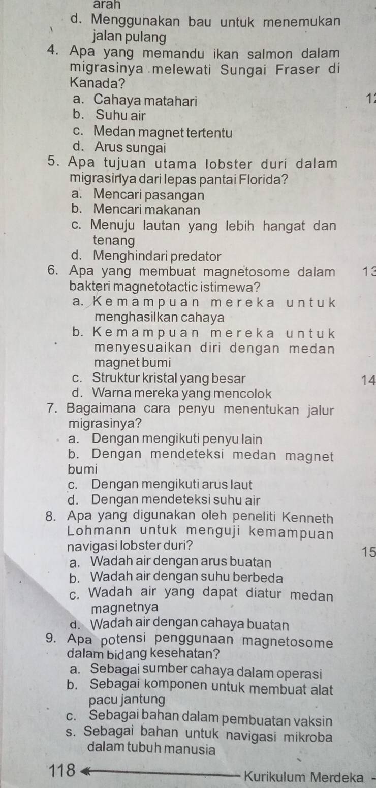 arah
d. Menggunakan bau untuk menemukan
jalan pulang
4. Apa yang memandu ikan salmon dalam
migrasinya melewati Sungai Fraser di
Kanada?
a. Cahaya matahari
1
b. Suhu air
c. Medan magnet tertentu
d. Arus sungai
5. Apa tujuan utama lobster duri dalam
migrasinya dari lepas pantai Florida?
a. Mencari pasangan
b. Mencari makanan
c. Menuju lautan yang lebih hangat dan
tenang
d. Menghindari predator
6. Apa yang membuat magnetosome dalam 13
bakteri magnetotactic istimewa?
a. K em a m p u a n m e r e k a u n t u k
menghasilkan cahaya
b. K e m a mp u a n m e r e k a u n tuk
menyesuaikan diri dengan medan 
magnet bumi
c. Struktur kristal yang besar 14
d. Warna mereka yang mencolok
7. Bagaimana cara penyu menentukan jalur
migrasinya?
a. Dengan mengikuti penyu lain
b. Dengan mendeteksi medan magnet
bumi
c. Dengan mengikuti arus laut
d. Dengan mendeteksi suhu air
8. Apa yang digunakan oleh peneliti Kenneth
Lohmann untuk menguji kemampuan
navigasi lobster duri?
15
a. Wadah air dengan arus buatan
b. Wadah air dengan suhu berbeda
c. Wadah air yang dapat diatur medan
magnetnya
d. Wadah air dengan cahaya buatan
9. Apa potensi penggunaan magnetosome
dalam bidang kesehatan?
a. Sebagai sumber cahaya dalam operasi
b. Sebagai komponen untuk membuat alat
pacu jantung
c. Sebagai bahan dalam pembuatan vaksin
s. Sebagai bahan untuk navigasi mikroba
dalam tubuh manusia
118 Kurikulum Merdeka