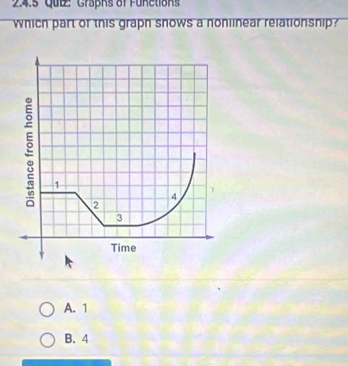 Graphs of Functions
which part of this graph snows a nonlinear relationship?
A. 1
B. 4