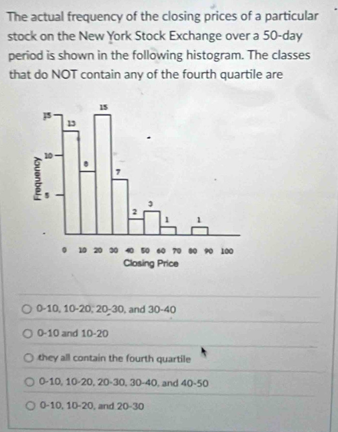 The actual frequency of the closing prices of a particular
stock on the New York Stock Exchange over a 50-day
period is shown in the following histogram. The classes
that do NOT contain any of the fourth quartile are
0-10, 10-20, 20-30, and 30-40
0-10 and 10-20
they all contain the fourth quartile
0-10, 10-20, 20-30, 30-40, and 40-50
0-10, 10-20, and 20-30