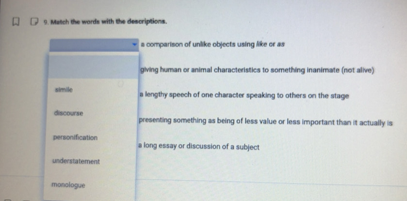 Solved: Match the words with the descriptions. a comparison of unlike ...
