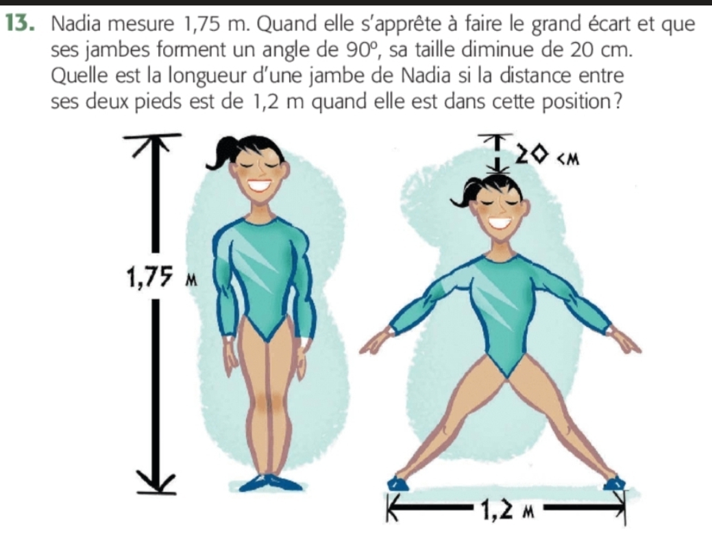 Nadia mesure 1,75 m. Quand elle s'apprête à faire le grand écart et que
ses jambes forment un angle de 90° , sa taille diminue de 20 cm.
Quelle est la longueur d'une jambe de Nadia si la distance entre
ses deux pieds est de 1,2 m quand elle est dans cette position?