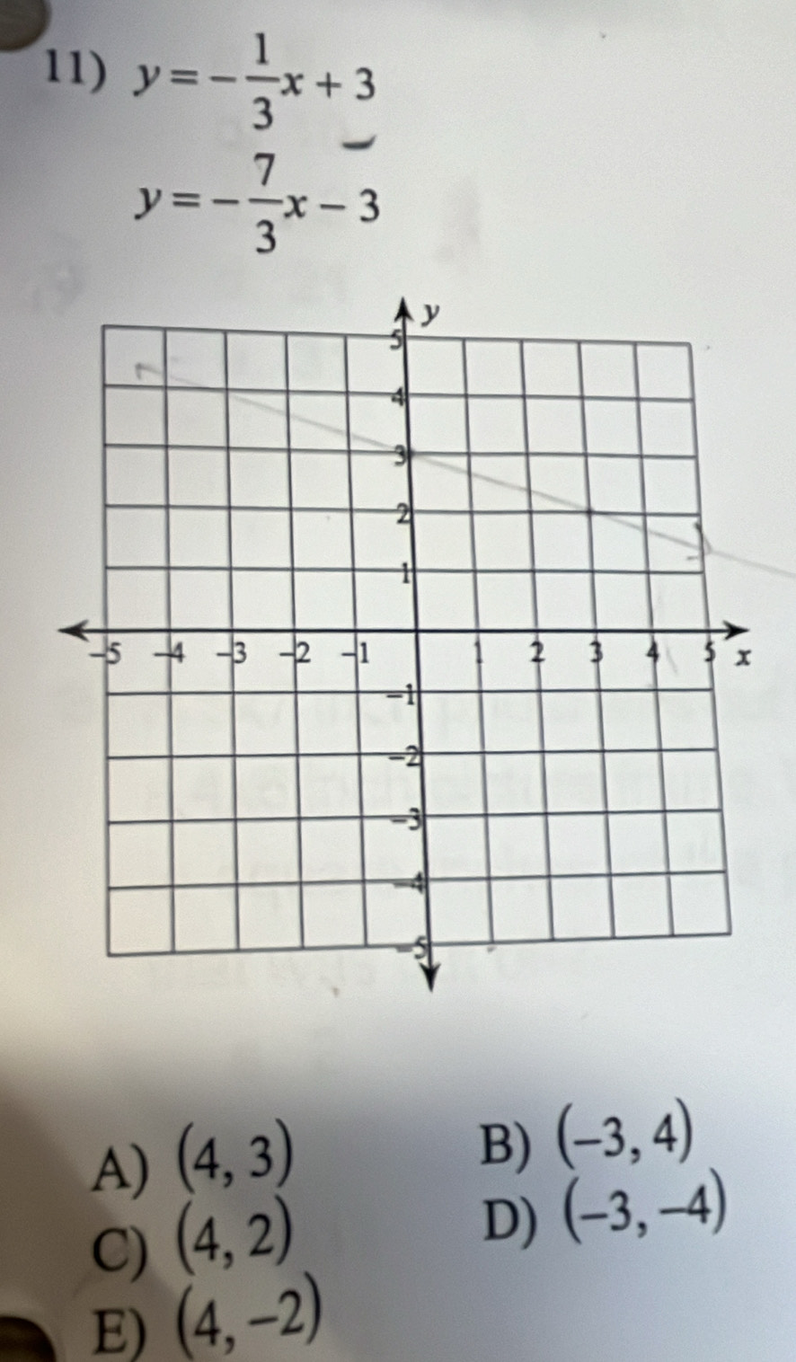 y=- 1/3 x+3
y=- 7/3 x-3
A) (4,3)
B) (-3,4)
C) (4,2)
D) (-3,-4)
E) (4,-2)