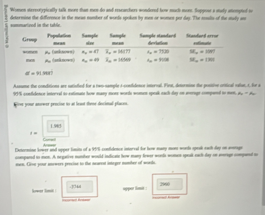 Women stereotypically talk more than men do and researchers wondered how much more. Suppose a study antempted to
determine the difference in the mean number of words spoken by men or women per day. The seaults of the mudy ass
summarized in the table.
df=91.9887
Assume the conditions are satisfied for a two-sample r-confidence interval. First, determine the positive critical value, t, for a
95% confidence interval to estimate how many more words women speak each day on average compared to men, mu _p-mu _w
wive your answer precise to at least three decimal places.
1.985
t=
Corsect
Araws
Determine lower and upper limits of a 95% confidence interval for how many more words speak each day on average
compared to men. A negative number would indicate how many fewer words women speak each day on average compared to
men. Oive your answers precise to the nearest integer number of words.
-3744 2960
lower limit : upper limit :
Iggmact Antaet Incomed Anwer