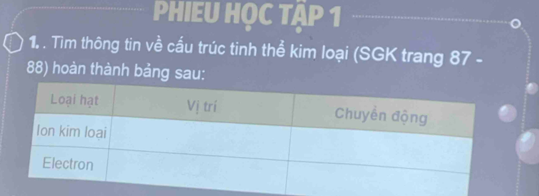 PHIEU HỌC Tập 1 
1. . Tìm thông tin về cấu trúc tinh thể kim loại (SGK trang 87 -
88) hoàn thành bảng sau: