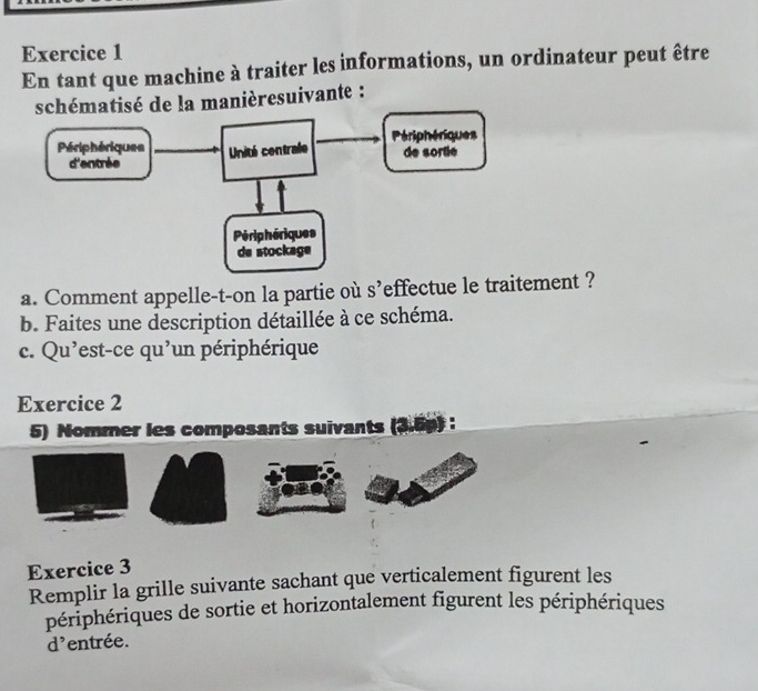 En tant que machine à traiter les informations, un ordinateur peut être 
schématisé de la manièresuivante : 
a. Comment appelle-t-on la partie où s’effectue le traitement ? 
b. Faites une description détaillée à ce schéma. 
c. Qu'est-ce qu'un périphérique 
Exercice 2 
5) Nommer les composants suivants (3.6p) : 
Exercice 3 
Remplir la grille suivante sachant que verticalement figurent les 
périphériques de sortie et horizontalement figurent les périphériques 
d'entrée.