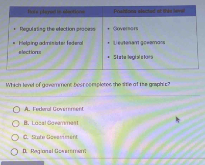 Which level of government best completes the title of the graphic?
A. Federal Government
B. Local Government
C. State Government
D. Regional Government