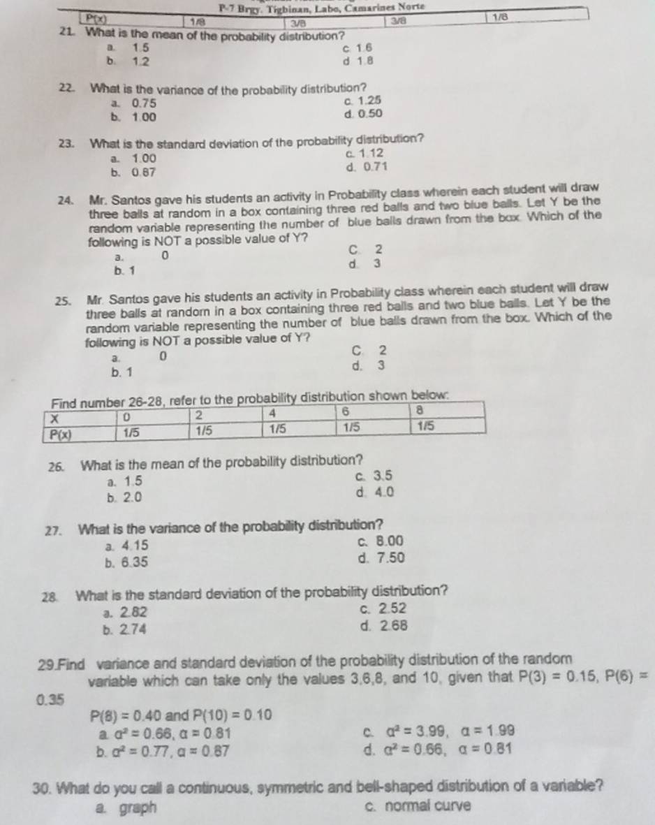 P-7 Brgy. Tígbinan, Labo, Camarines Norte
P(x) 1/8 3/8 3/8 1/8
21. What is the mean of the probability distribution?
a. 1 5
b. 1.2 d 1 8 c 1 6
22. What is the variance of the probability distribution?
a. 0.75
c. 1.25
b. 1 00 d. 0.50
23. What is the standard deviation of the probability distribution?
a. 1.00 c. 1.12
b. 0.87 d. 0.71
24. Mr. Santos gave his students an activity in Probability class wherein each student will draw
three balls at random in a box containing three red balls and two blue balls. Let Y be the
random variable representing the number of blue balls drawn from the box. Which of the
following is NOT a possible value of Y?
a. 0
C 2
b. 1 d 3
25. Mr. Santos gave his students an activity in Probability class wherein each student will draw
three balls at randorn in a box containing three red balls and two blue balls. Let Y be the
random variable representing the number of blue balls drawn from the box. Which of the
following is NOT a possible value of Y?
a. 0
C 2
b. 1 d. 3
distribution shown below:
26. What is the mean of the probability distribution?
a. 1.5 c. 3.5
b. 2.0
d. 4.0
27. What is the variance of the probability distribution?
a. 4.15 c、8.00
b. 6.35 d. 7.50
28. What is the standard deviation of the probability distribution?
a. 2.82 c. 2.52
b. 2.74 d. 2.68
29.Find variance and standard deviation of the probability distribution of the random
variable which can take only the values 3,6,8, and 10, given that P(3)=0.15,P(6)=
0.35
P(8)=0.40 and P(10)=0.10
a alpha^2=0.66,alpha =0.81
C. alpha^2=3.99,alpha =1.99
b. alpha^2=0.77,alpha =0.87 d. alpha^2=0.66,alpha =0.81
30. What do you call a continuous, symmetric and bell-shaped distribution of a variable?
a. graph c. normal curve