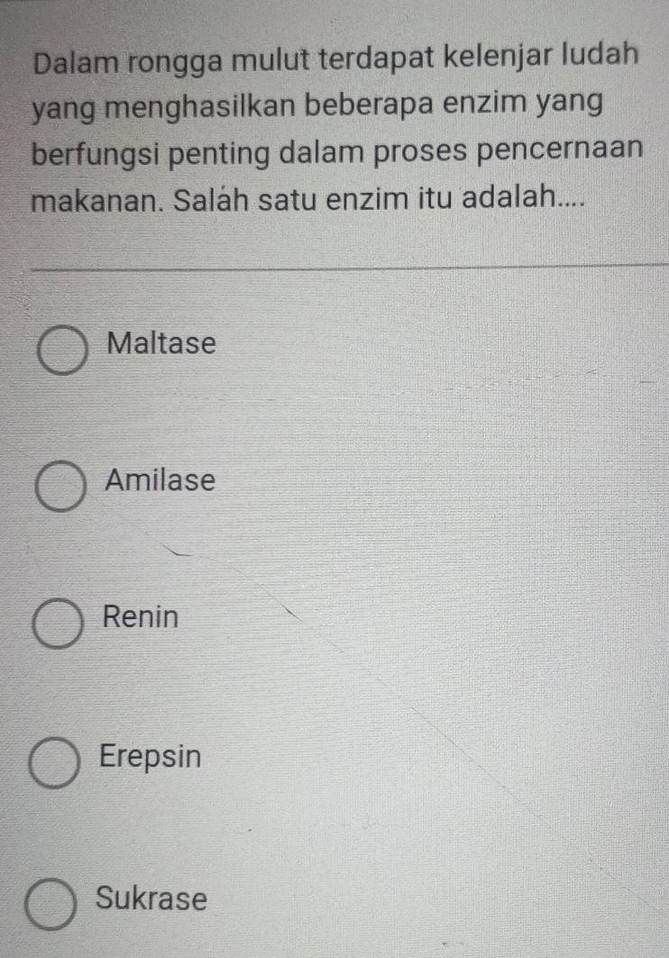 Dalam rongga mulut terdapat kelenjar ludah
yang menghasilkan beberapa enzim yang
berfungsi penting dalam proses pencernaan
makanan. Saláh satu enzim itu adalah....
Maltase
Amilase
Renin
Erepsin
Sukrase