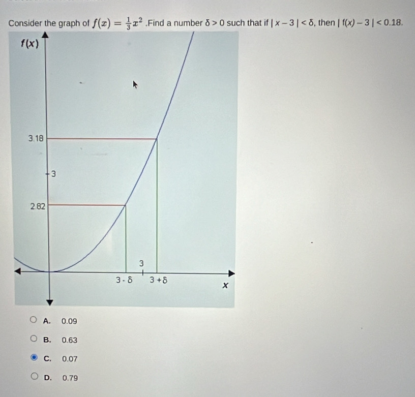 Ct if |x-3| , then |f(x)-3|<0.18.
A. 0.09
B. 0.63
C. 0.07
D. 0.79