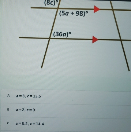 A a=3,c=13.5
B a=2,c=9
C a=3.2,c=14.4