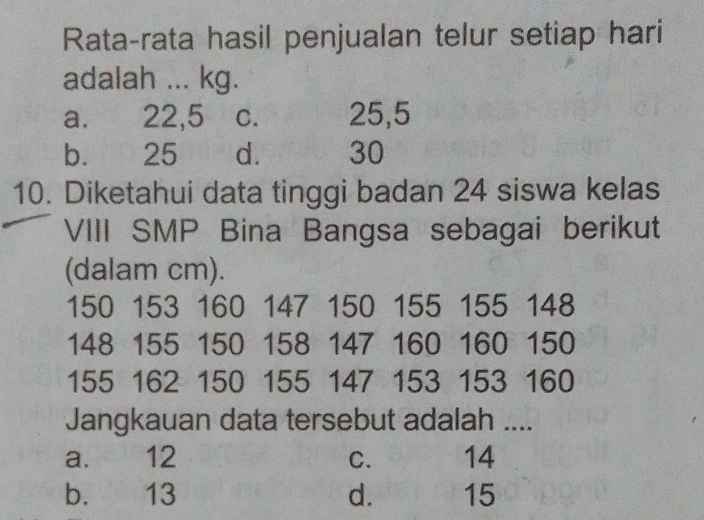 Rata-rata hasil penjualan telur setiap hari
adalah ... kg.
a. 22,5 C. 25,5
b. 25 d. 30
10. Diketahui data tinggi badan 24 siswa kelas
VIII SMP Bina Bangsa sebagai berikut
(dalam cm).
150 153 160 147 150 155 155 148
148 155 150 158 147 160 160 150
155 162 150 155 147 153 153 160
Jangkauan data tersebut adalah ....
a. 12 C. 14
b. 13 d. 15