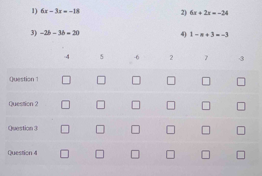 6x-3x=-18 2) 6x+2x=-24
3) -2b-3b=20 4) 1-n+3=-3