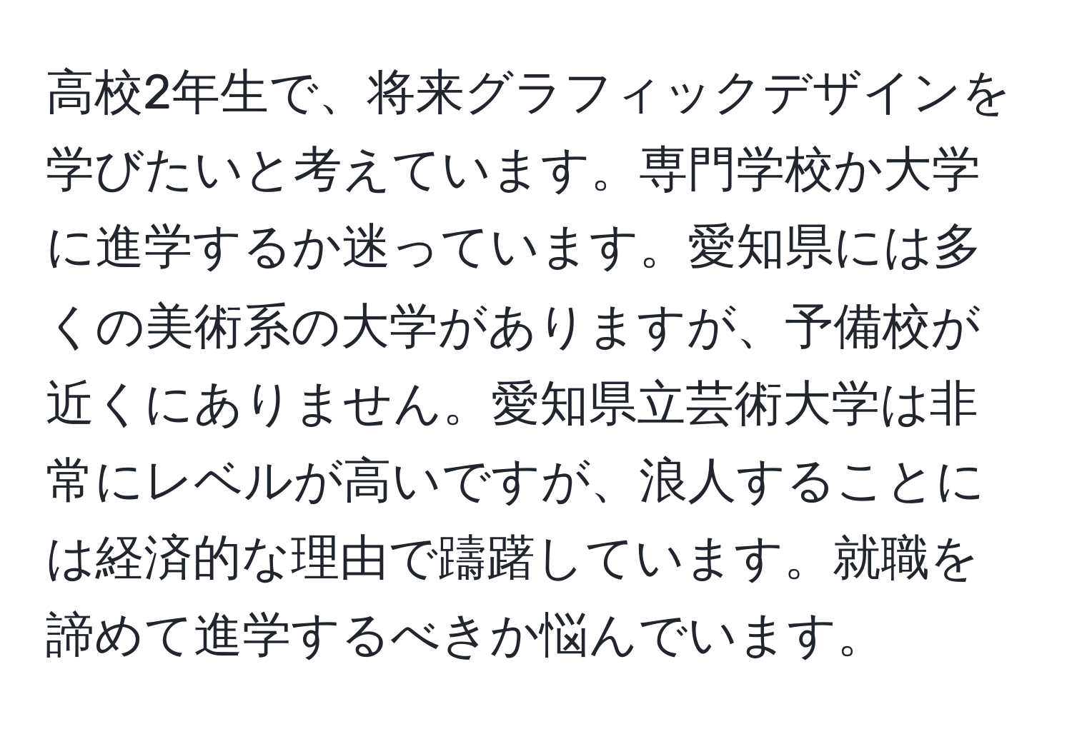 高校2年生で、将来グラフィックデザインを学びたいと考えています。専門学校か大学に進学するか迷っています。愛知県には多くの美術系の大学がありますが、予備校が近くにありません。愛知県立芸術大学は非常にレベルが高いですが、浪人することには経済的な理由で躊躇しています。就職を諦めて進学するべきか悩んでいます。