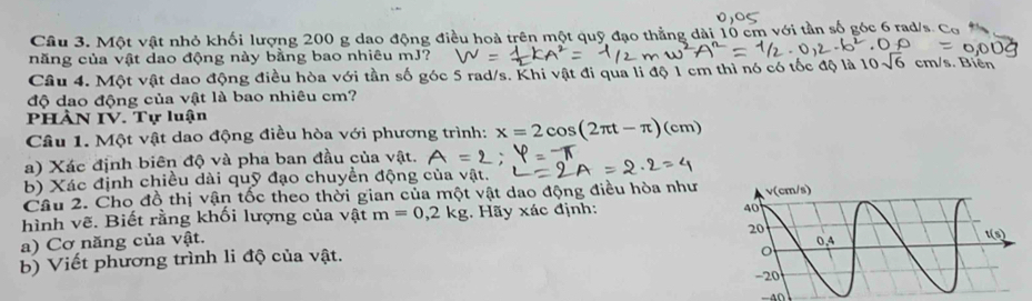 Một vật nhỏ khối lượng 200 g dao động điều hoà trên một quỹ đạo thẳng dài 10 cm với tần số góc ở
năng của vật dao động này bằng bao nhiêu mJ?
Câu 4. Một vật dao động điều hòa với tần số góc 5 rad/s. Khi vật đi qua li độ 1 cm thì nó có tốc độ là cm/s. Biên
độ dao động của vật là bao nhiêu cm?
PHÀN IV. Tự luận
Câu 1. Một vật dao động điều hòa với phương trình: x=2cos (2π t-π )(cm)
a) Xác định biên độ và pha ban đầu của vật.
b) Xác định chiều dài quỹ đạo chuyển động của vật.
Câu 2. Cho đồ thị vận tốc theo thời gian của một vật dao động điều hòa như
hình vẽ. Biết rằng khối lượng của vật m=0,2kg;. Hãy xác định: 
a) Cơ năng của vật.
b) Viết phương trình li độ của vật. 
-4∩