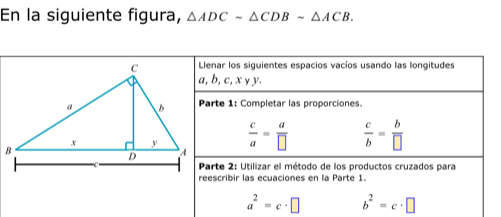 En la siguiente figura, △ ADCsim △ CDBsim △ ACB. 
Llenar los siguientes espacios vacíos usando las longitudes
a, b, c, xyy. 
Parte 1: Completar las proporciones.
 c/a = a/□    c/b = b/□  
Parte 2: Utilizar el método de los productos cruzados para 
reescribir las ecuaciones en la Parte 1
a^2=c· □ b^2=c· □