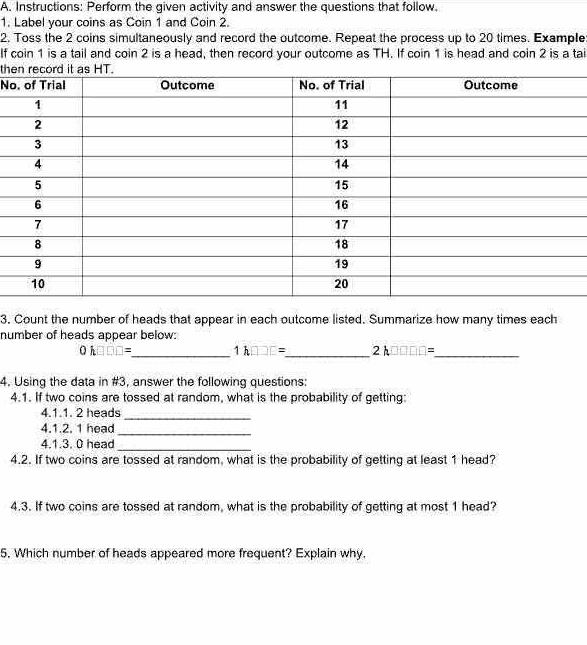 Instructions: Perform the given activity and answer the questions that follow. 
1. Label your coins as Coin 1 and Coin 2. 
2. Toss the 2 coins simultaneously and record the outcome. Repeat the process up to 20 times. Example: 
If coin 1 is a tail and coin 2 is a head, then record your outcome as TH. If coin 1 is head and coin 2 is a tai 
the 
No 
3. Count the number of heads that appear in each outcome listed. Summarize how many times each 
number of heads appear below: 
0k□ □ □ =_  _ 1h□ □ E= _ 2 □ □ □ □ =_ 
4. Using the data in #3, answer the following questions: 
4.1. If two coins are tossed at random, what is the probability of getting: 
4.1.1. 2 heads 
_ 
4. 1.2. 1 head_ 
4. 1.3. 0 head_ 
4.2. If two coins are tossed at random, what is the probability of getting at least 1 head? 
4.3. If two coins are tossed at random, what is the probability of getting at most 1 head? 
5. Which number of heads appeared more frequent? Explain why.