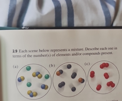 2.9 Each scene below represents a mixture. Describe each one in 
terms of the number(s) of elements and/or compounds present. 
(